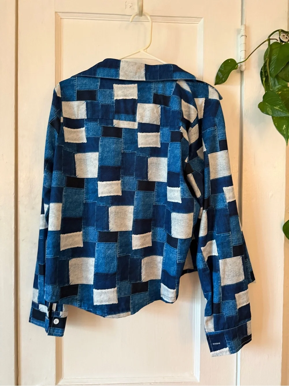 Blue and White Patchwork Button-Up Shirt - Picture 5 of 8